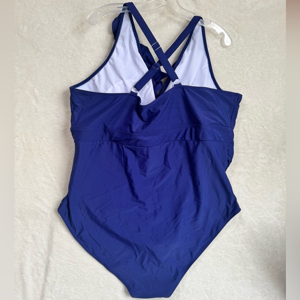 Bloomchic NEW Ruffle Trim Gathered Ruched 1 Piece Swimsuit Sculpt Waist Blue 4X - Picture 3 of 16